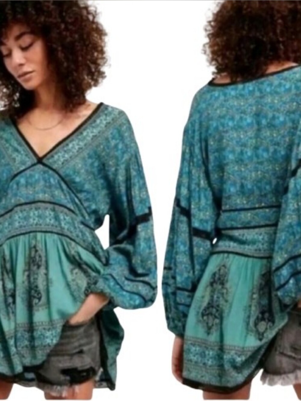 Free People Luna Scarf Print Tunic Ocean Combo Size S V-Neck Balloon Sleeves